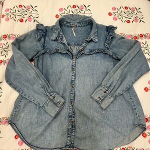 Free People Light Wash Denim Button-Down Shirt with Ruffle Detail